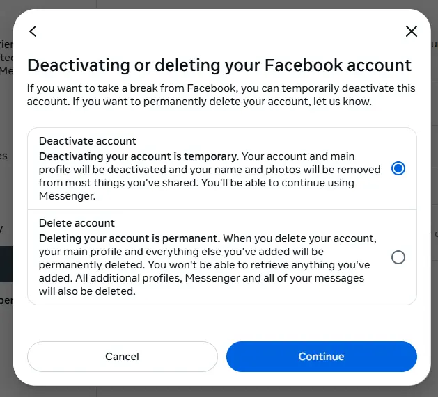 difference between deactivating and deleting your Facebook account.