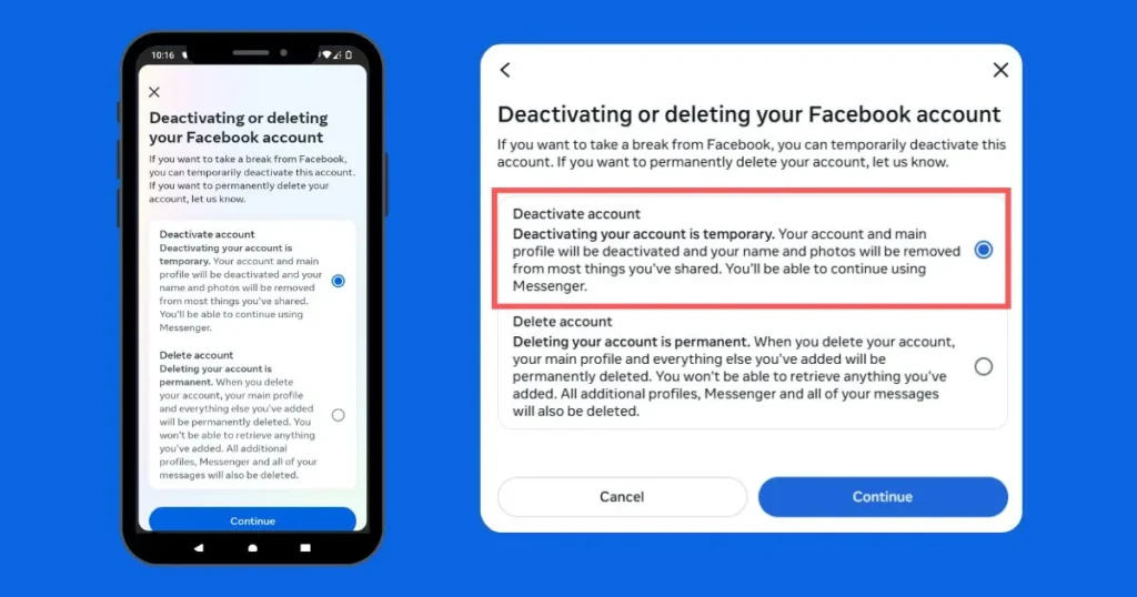 Screenshot of the Facebook mobile app settings menu showing the ‘Settings & Privacy’ section expanded, used for explaining how to deactivate Facebook account.