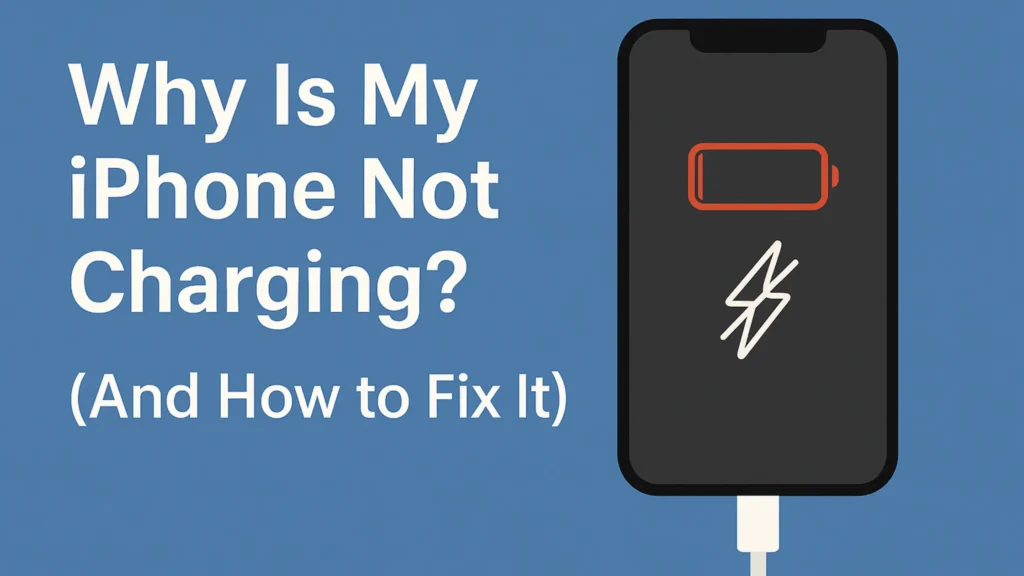 Illustration of a confused person holding an iPhone with a charging cable, accompanied by a large question mark and lightning bolt icons, representing the issue "Why Is My iPhone Not Charging?" in a modern, flat digital art style.