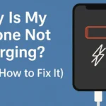 Illustration of a confused person holding an iPhone with a charging cable, accompanied by a large question mark and lightning bolt icons, representing the issue "Why Is My iPhone Not Charging?" in a modern, flat digital art style.