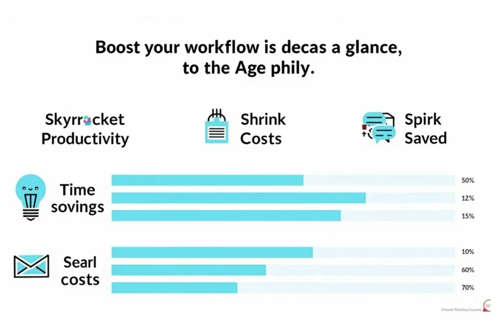 Infographic showing how AI tools boost productivity, reduce costs, and enhance creativity through clear bar charts and visual icons.