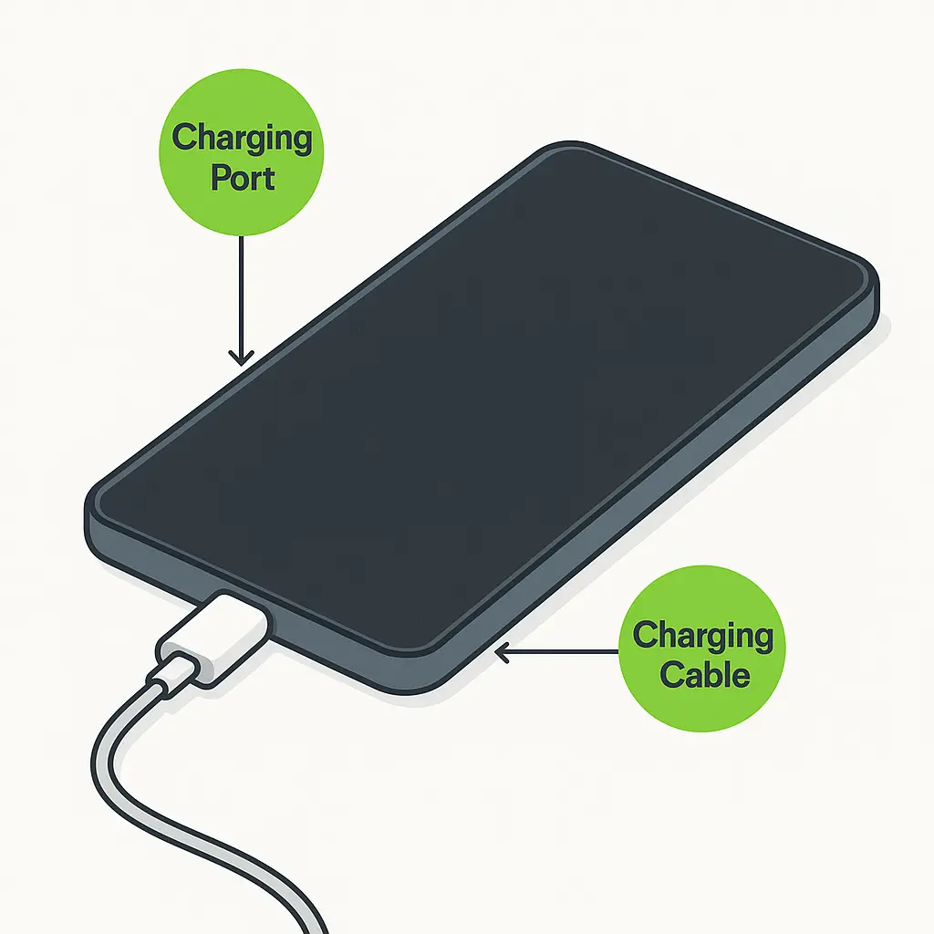 Illustration showing a charging cable plugged into a smartphone’s charging port with labeled callouts for the port and cable