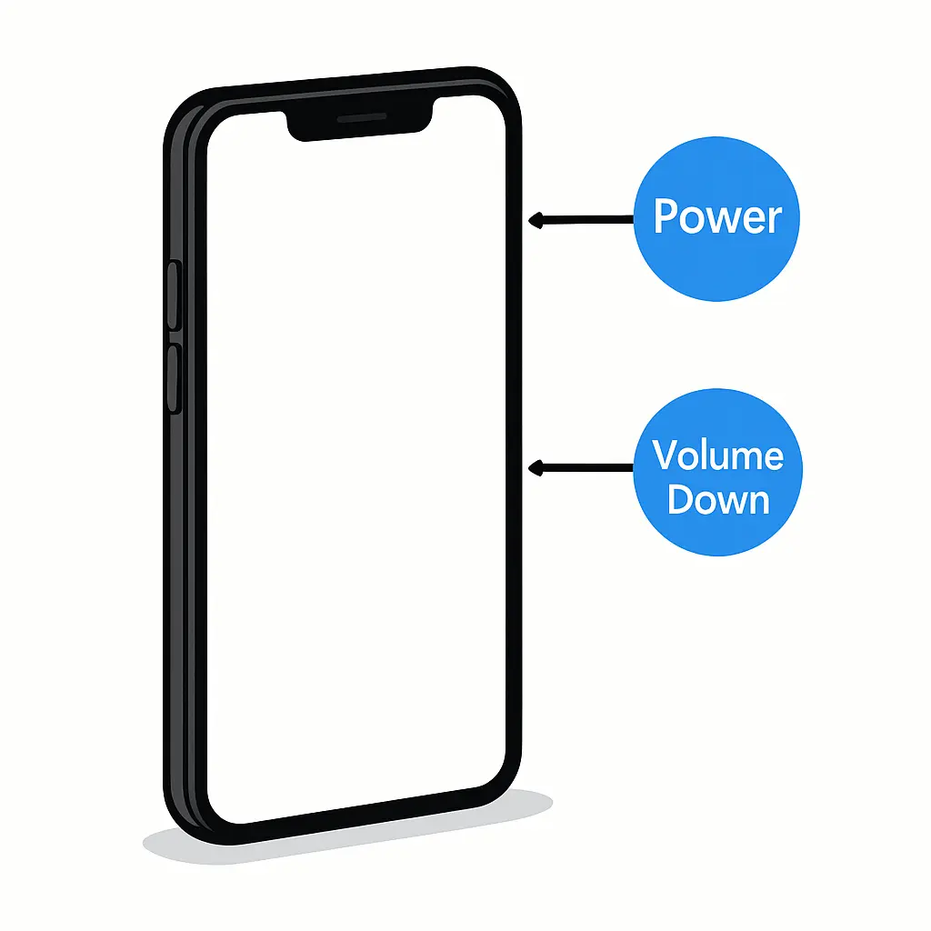 Illustration of a smartphone highlighting the Power and Volume Down buttons on the right side with labeled callouts.