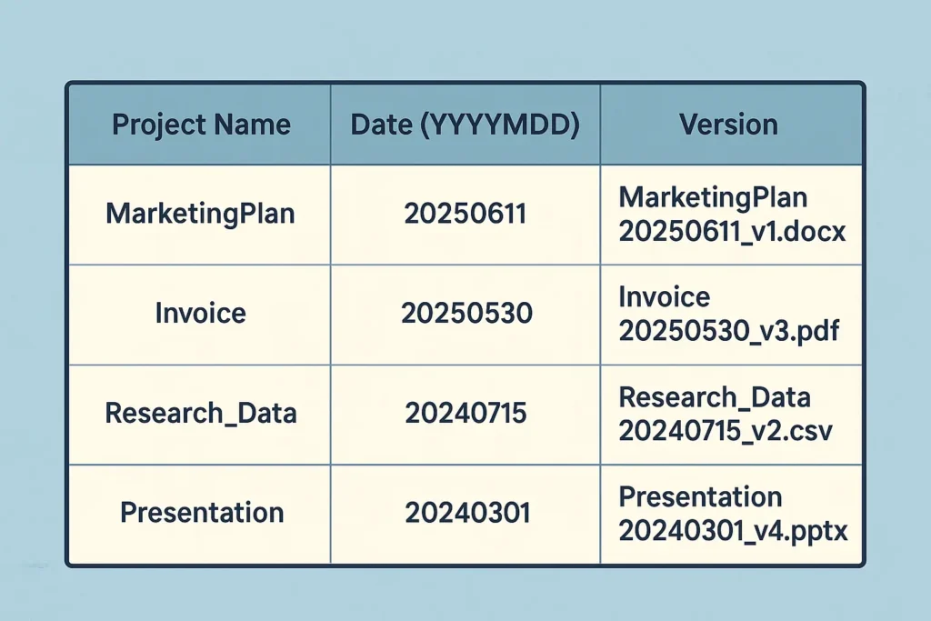 A table showing examples of file naming conventions with columns for Project Name, Date (YYYYMMDD), and Version
