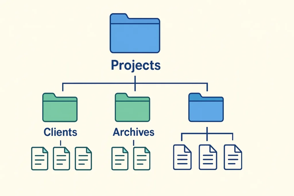 A simple infographic for organizing files and folders, showing a folder hierarchy tree with a main folder labeled “Projects” branching into three subfolders: “Clients,” “Archives,” and another folder, each containing several file icons.