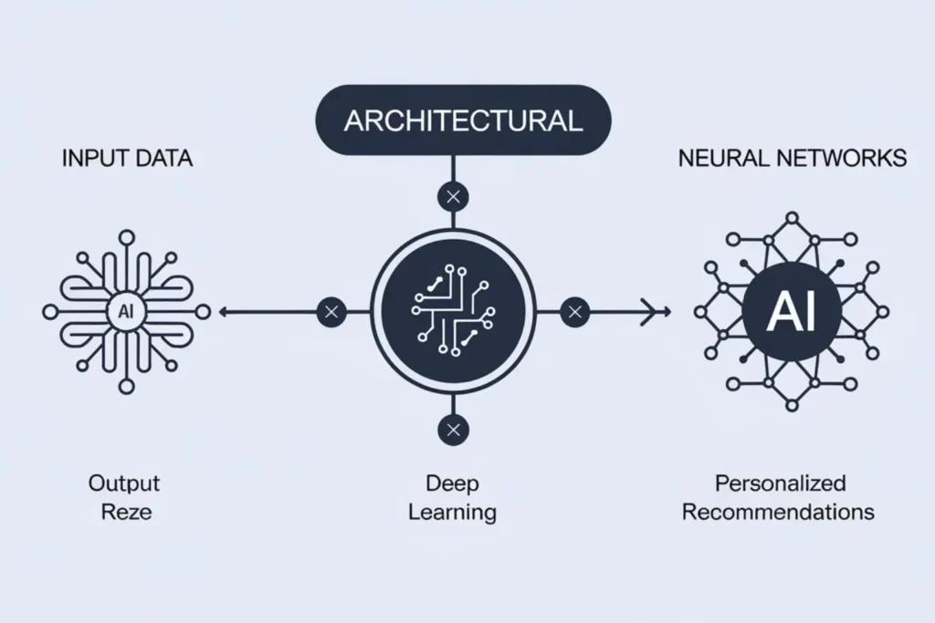 Architectural diagram illustrating how AI tools process input data through machine learning, deep learning, and neural networks to generate outputs like text, images, and personalized recommendation