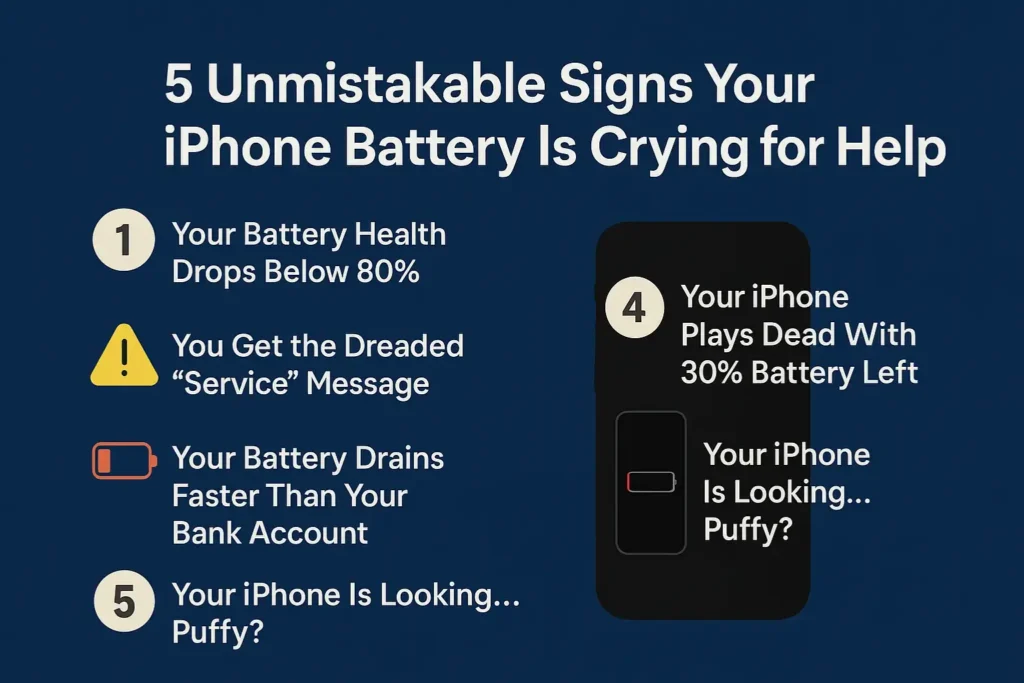 Infographic showing 5 signs your iPhone battery needs replacement, including service alert and swollen battery