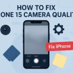 Illustration showing an iPhone 15 with blurry camera preview and repair icons like settings and cleaning tools, on a soft tech-themed background.
