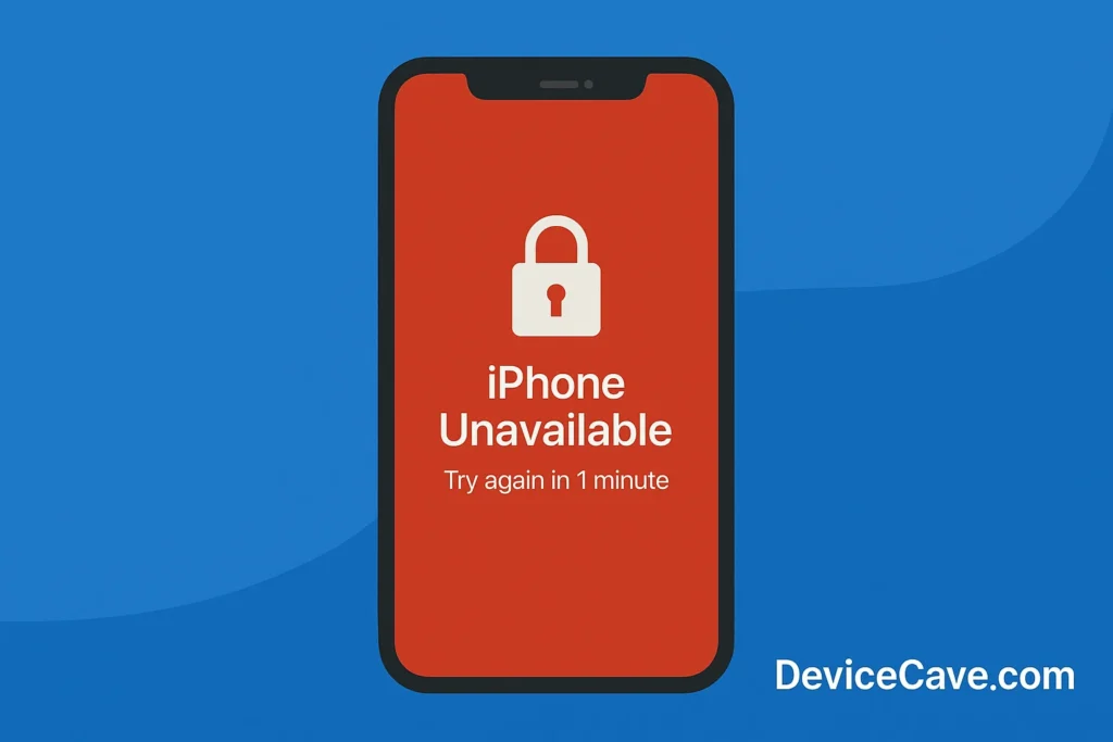 Illustration of an iPhone showing “iPhone Unavailable” error message on a red screen with a padlock icon, set against a blue background