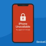 Illustration of an iPhone showing “iPhone Unavailable” error message on a red screen with a padlock icon, set against a blue background
