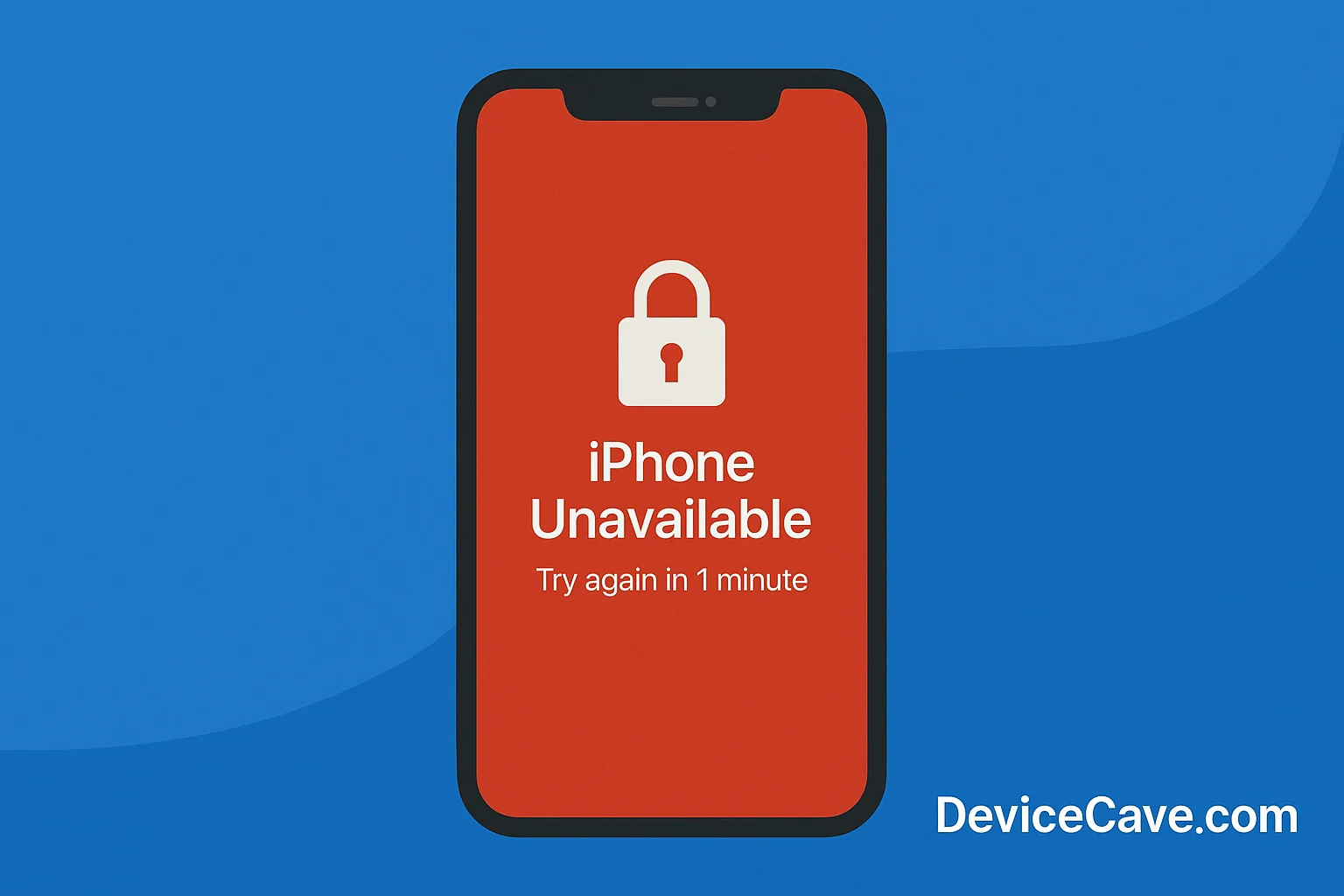 Illustration of an iPhone showing “iPhone Unavailable” error message on a red screen with a padlock icon, set against a blue background