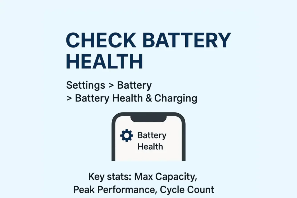 Screenshot showing the steps to check iPhone battery health from the Settings menu