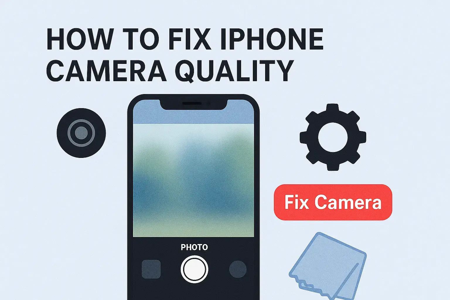 Flat-style illustration of an iPhone showing a blurry photo, with camera fix icons and a “Fix Camera” tag on a tech-themed background.