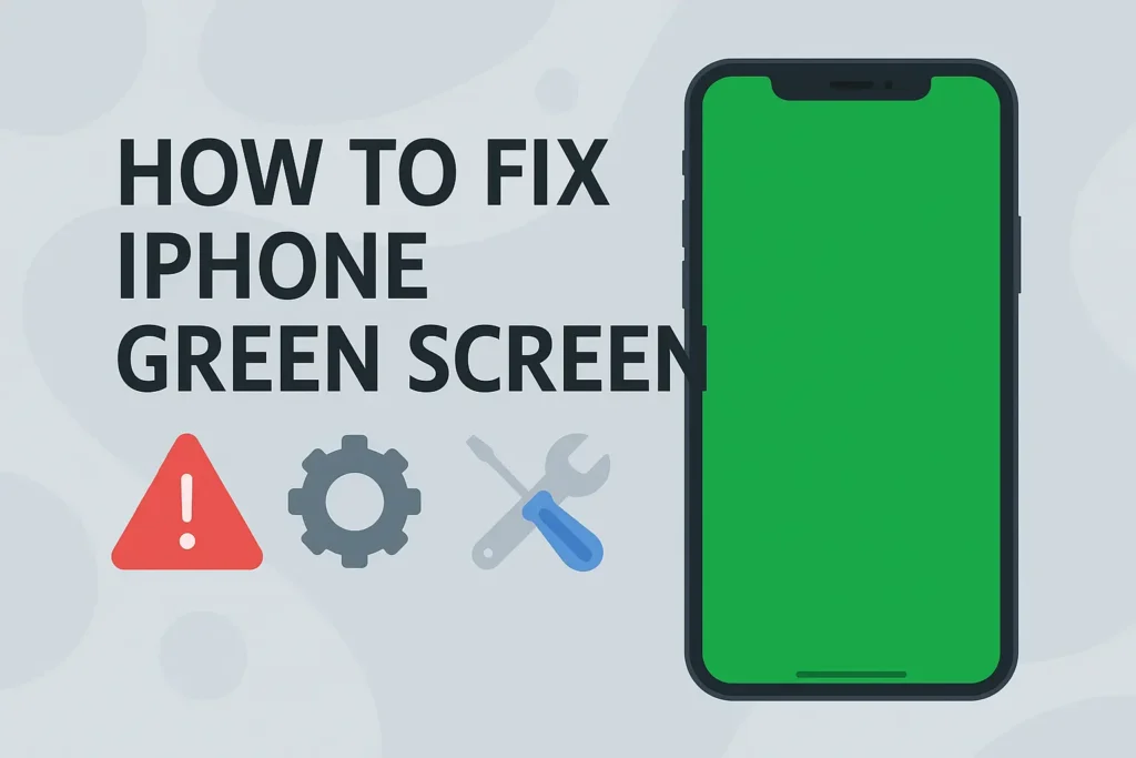 Illustration showing an iPhone with a green screen issue alongside repair icons and a fix guide title