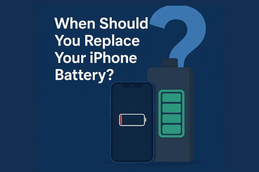 Digital illustration asking “When Should You Replace Your iPhone Battery?” with an iPhone and low battery icon