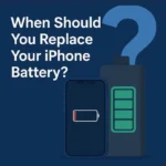 Digital illustration asking “When Should You Replace Your iPhone Battery?” with an iPhone and low battery icon