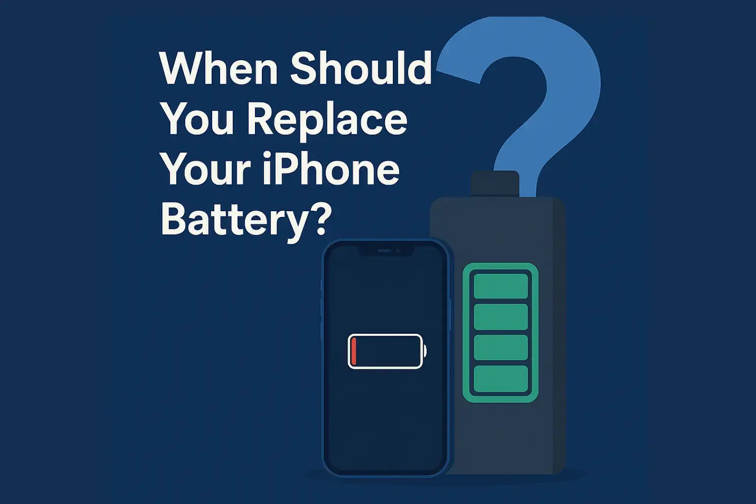 Digital illustration asking “When Should You Replace Your iPhone Battery?” with an iPhone and low battery icon